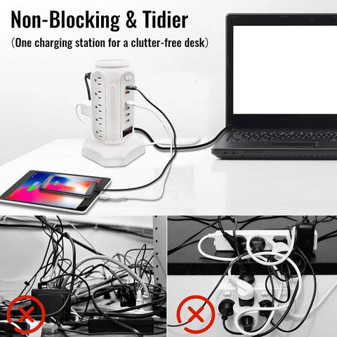 15 Outlet Surge Protector Tower With 6 USB Ports, USB Fast Charger, shown next to tidy desk setup with laptop and tablet.