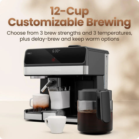 Straight Fire Coffee Station Combining An Elite Espresso Brewer With A Heavy Duty Drip Maker For Pouring Creamy Lattes Or Bold Cappuccinos Plus K Cup Pod And Fresh Ground Compatibility All Day on display with customizable brewing options.