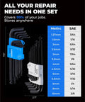 26 Piece Metric And SAE Allen Wrench Set With Ball End Long Arm Hex Keys From One Point Two Seven Millimeter To Ten Millimeter And From Three Sixty Fourths Of An Inch To Three Eighths Of An Inch With Handy Holder For Auto Maintenance And DIY Projects displayed with size chart