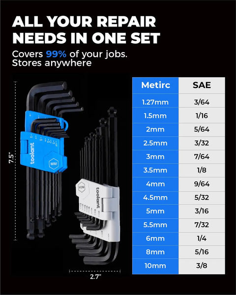 26 Piece Metric And SAE Allen Wrench Set With Ball End Long Arm Hex Keys From One Point Two Seven Millimeter To Ten Millimeter And From Three Sixty Fourths Of An Inch To Three Eighths Of An Inch With Handy Holder For Auto Maintenance And DIY Projects displayed with size chart