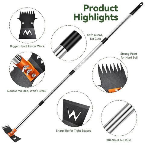 Long Handle 60 Inch 3 In 1 Weed Removal Tool Set highlighting features like bigger head and rust-resistant 304 steel