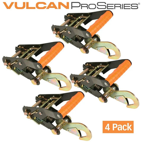 Four Beefy Heavy Duty Ratchet Buckle Set With Snap Hook Ratchets 2 Inch Wide Handle PROSeries, orange handle, 4 Pack.
