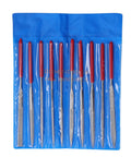 Diamond Needle File Set With Rubber Handles, 10 Pcs 120 Grit Grinding Trimming Files Kit, stored in a blue pouch, multiple shapes visible.