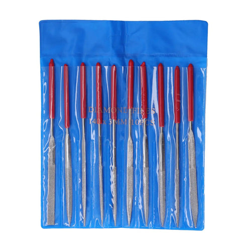 Diamond Needle File Set With Rubber Handles, 10 Pcs 120 Grit Grinding Trimming Files Kit, stored in a blue pouch, multiple shapes visible.