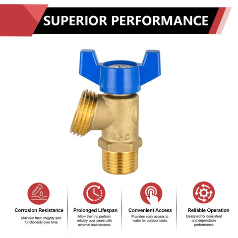 Brass boiler drain valve with blue 1/4-turn handle; 1/2 in MIP x 3/4 in MHT, front view.