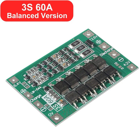 3S 60A Balance Charger Panel for 18650 Lithium Cell Packs, green circuit board with components, for power tools.
