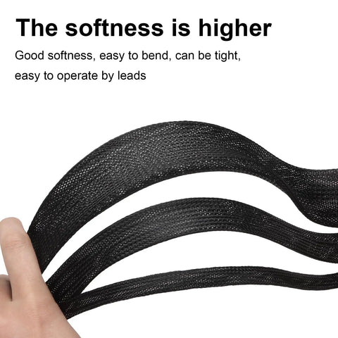 1 Inch PET Expandable Braided Cable Sleeve, 26 Ft Black Wire Loom held to show flexibility