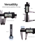 8-Inch Digital Caliper With Extra Large Display, Stainless Steel Measuring Tool showing versatility in diameter, step, and depth measurements.