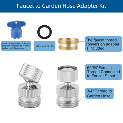 Garden Hose Adapter Kit With Faucet Aerator Key For Bathroom And Kitchen All In One Multi Thread Sink Swivel Faucet Aerator Adapter To Connect Garden Hose Chrome Finish, 55/64 in brass