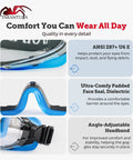 Close-up of OTG Safety Goggles Over Glasses With Anti Fog And Anti Scratch UV380 Lenses, showcasing features and adjustable strap.