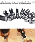 Top Shelf Eight Piece Cork Drill Bits And Wood Plug Cutter Set Sculpted From Heavy Duty High Carbon Steel For Clean Tapered Cuts Runs Super Smooth With Standard Drills And Dremel Kits Built Solid For Daily Shop Hustle, showing high carbon steel drill bits and wood plug in use.