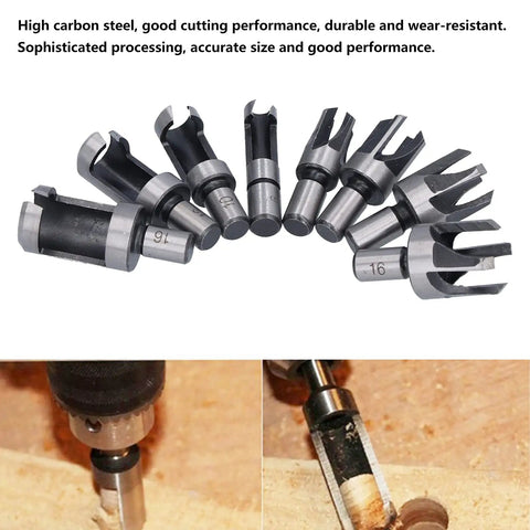 Top Shelf Eight Piece Cork Drill Bits And Wood Plug Cutter Set Sculpted From Heavy Duty High Carbon Steel For Clean Tapered Cuts Runs Super Smooth With Standard Drills And Dremel Kits Built Solid For Daily Shop Hustle, showing high carbon steel drill bits and wood plug in use.