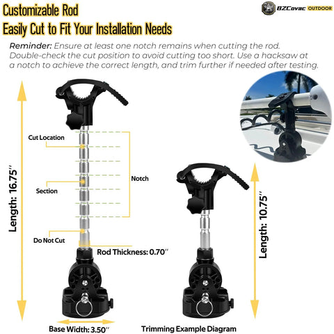 Customizable rod diagram for electric trolling motor stabilizer showing dimensions and cut sections.
