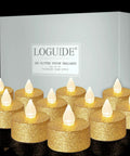 Battery Operated LED Tea Lights 24 Pack Gold Flameless Votive Tealights With Warm White Flickering Light Realistic Small Electric Candles For Wedding Table Decor Party Ready Festival Nights displayed in front of packaging box.