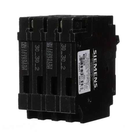 Two 30 Amp Double Pole Quadplex Plug In Circuit Breaker With Space Saving Half Inch Frame UL Listed For QT Load Centers
