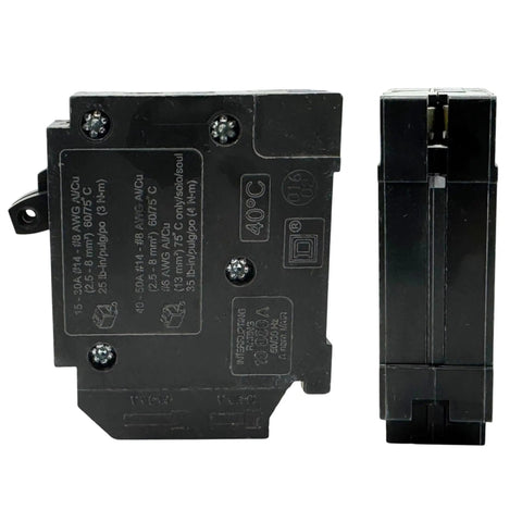 Genuine Square D HOMT2020 20/20 Amp Tandem Circuit Breaker Kit For Space Saving Dual Circuits Homeline Series OEM 120 240V Panel Upgrade Two Independent 20 Amp Circuits In One Slim Unit For Tight Panels, black breaker side view