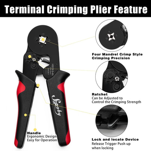 Ferrule Crimping Tool Kit with Self Adjusting Ratchet Plier for AWG 28-7 0.08-10mm2 Range, ergonomic design handle