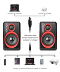 Diagram of USB Powered PC Speakers with Deep Bass, 2.0 Channel Stereo for desktop computers, laptops, and smartphones setup connections.
