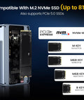 Thunderbolt 5 M.2 NVMe SSD Enclosure With 80Gbps Knockout Speed and Heavy Duty Cooling Fan showing compatibility details.