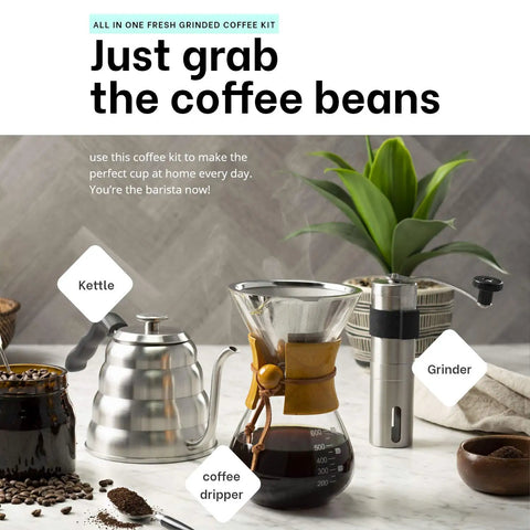 All In One Pour Over Coffee Maker Set With 40 Oz Gooseneck Kettle And Thermometer, 20 Oz Dripper And Built In Coffee Grinder displayed