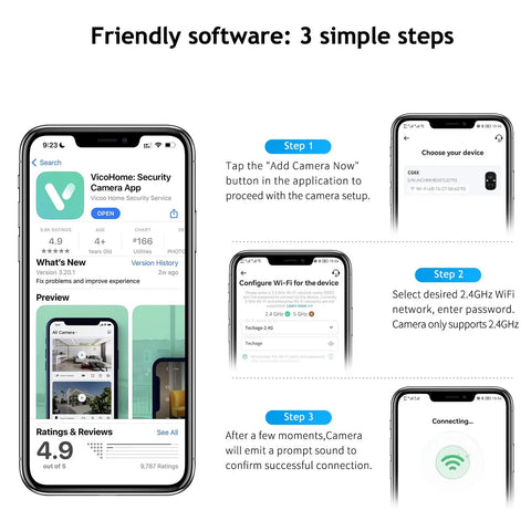 Vicohome Security Camera App setup steps for Wireless Outdoor Security Cam With Solar Power And Built In 5200mAh Battery AI Motion Detection