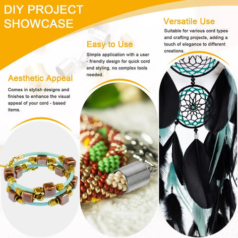 DIY project showcase with Stainless Steel Cord End Caps 4mm ID Barrel Ends for jewelry making, featuring bead bracelet and dreamcatcher.