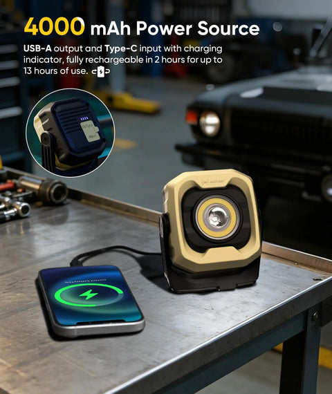 Rechargeable Magnetic Work Light With 1200 Lumen Output 360 Degree Rotating LED Spotlight And Floodlight IPX4 Waterproof 4000mAh Battery on table