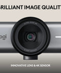 Game Changing 4K Webcam Built For Seamless Hustle Ready Video Calls Optimized For Teams Zoom Google Meet With Zero Friction Remote Setup And Hassle Free Usb Plug In Graphite close-up of innovative lens with 8.5MP sensor.