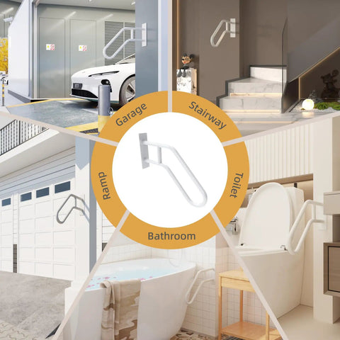 Top Shelf White Handrails For Outdoor Steps Wall Mount And Stair Rails For One To Three Levels With Anti Slip Grip And Heavy Duty Powder Coating For Patios Yards And Balconies shown in various indoor and outdoor settings.
