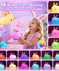 Child playing with Bunny Squishy Night Light For Kids With Remote, 16 Colors And 5 Brightness Levels, soft silicone bunny lamp