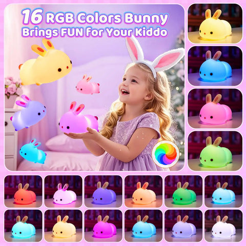 Child playing with Bunny Squishy Night Light For Kids With Remote, 16 Colors And 5 Brightness Levels, soft silicone bunny lamp