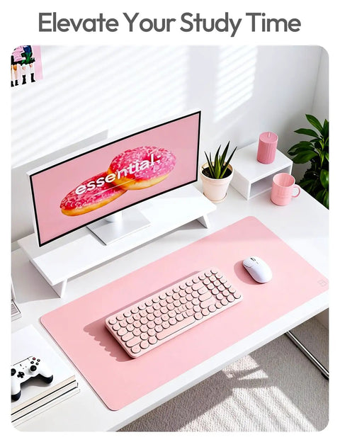 Leather Desk Protector Mat For Office And Home Large Mouse Pad Non Slip PU Leather Blotter Waterproof Writing Pad Light Pink 23.6 By 13.8 Inches Perfect For Your Laptop Keyboard And Desk Setup on modern desk with keyboard and mouse