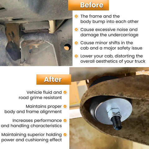 Ford Body Mount Bushing Set Kit For 1980 1998 F150 F250 F350 2WD 4WD Polyurethane Body Cab Mounts With Steel Sleeves And Hardware Black Direct Replacement For Beefed Up Ride Comfort And Reduced Vibration On Heavy Duty Trucks installed, before and after body mount close-up