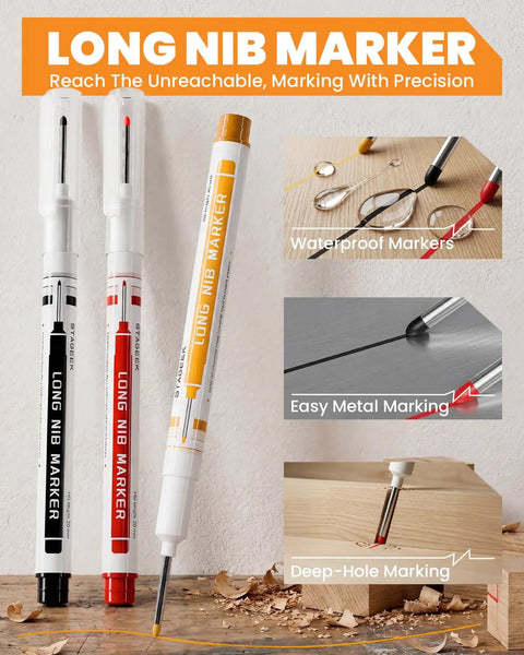 Job Site Ready And No Nonsense Carpentry Marking Kit Featuring A Kick-Ass Tool Bundle With Color Coded Refills Precision Scribe Center Punch And Heavy Duty Pencils For Skilled Craftsmen, showing long nib markers in black, red, and orange on wooden surface.