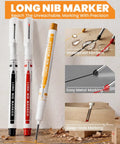 Real Deal Carpenter Marking Kit Featuring Heavy Duty Pencils With Colorful Refills Plus Mechanical Pencils Bold Markers A Rock Solid Carbide Scribe And Exact Layout Gauge Built Tough For Quick Job Site Drafting And Dead On Measurements, displaying long nib waterproof markers with precise metal and deep-hole marking. 