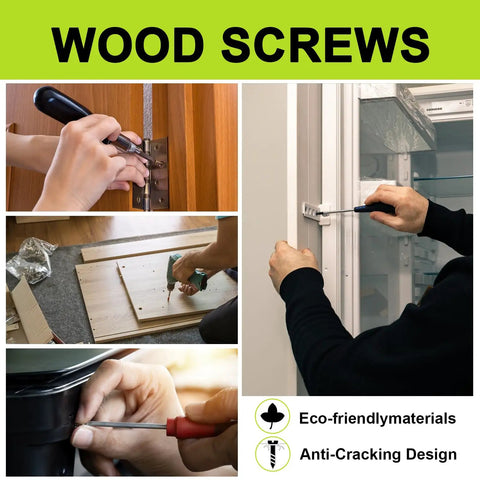 Size 4 Flat Head Wood Screws Assortment Kit 420 Pcs Stainless Steel 304 shown used in cabinet hinge and electronic assembly