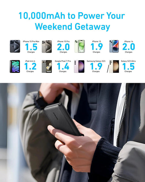Top Shelf 10000mAh Portable Charger With Hella Fast Usb C Power Delivery And Ultra Slim Profile held in hand next to smartphones.