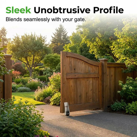 Heavy Duty Vertical Track Roller Wheel For Smooth Sliding Door Bottom Guide And Fence Gate Swap With Rugged Aluminum Bracket And Hassle Free Nylon Caster set by a wooden gate in a garden.