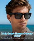 Individual wearing Wayfarer-style smart glasses equipped with 100 Pack LED Light Diffusion Stickers Kit For Smart Glasses Compatible With Wayfarer Style Frames And Other Models Includes Case And Tweezers Soft Light Covers To Cut Glare On Indicator LEDs, gazing at beach.