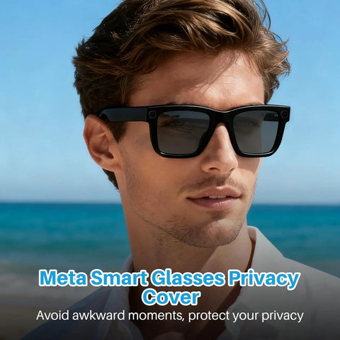 Individual wearing Wayfarer-style smart glasses equipped with 100 Pack LED Light Diffusion Stickers Kit For Smart Glasses Compatible With Wayfarer Style Frames And Other Models Includes Case And Tweezers Soft Light Covers To Cut Glare On Indicator LEDs, gazing at beach.