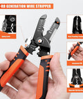 All-In-One Wire Stripper Tool 5 In 1 Pro Grade Pliers shown with ergonomic grip and specifications, for stripping, cutting, clamping.