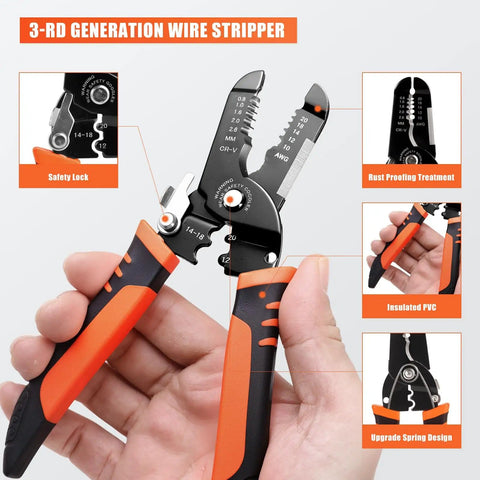 All-In-One Wire Stripper Tool 5 In 1 Pro Grade Pliers shown with ergonomic grip and specifications, for stripping, cutting, clamping.