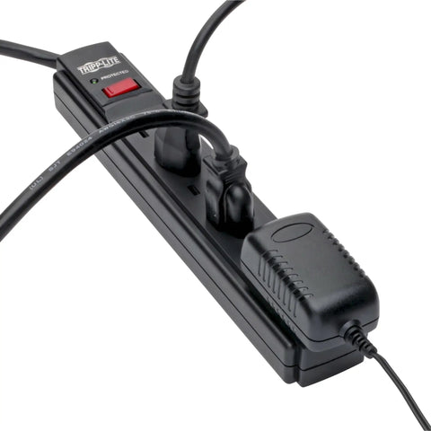 Six Outlet Surge Protector Power Strip With Six Foot Extension Cord Delivers 900 Joules Of Surge Protection, 15 Amp Circuit Breaker, UL Certified, Black with plugged cords.