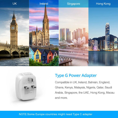 2 Pack US To UK Ireland Travel Plug Adapter Type G With 2 Outlets 3 USB Ports And 1 USB C displayed with UK, Ireland, Singapore, Hong Kong images.