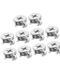 Rock Solid Cam Lock Nuts For Heavy Duty Furniture Sets Nickel Plated Zinc Alloy Dowel Binders With Deep Cross Slot Grip Straight Shooter Locking Hardware For Kitchen Cabinets 10 Pack, close-up view of 10 nuts.