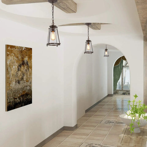 Modern Farmhouse Pendant Light For Kitchen Island In Bronze Finish With Seeded Glass Shade in hallway