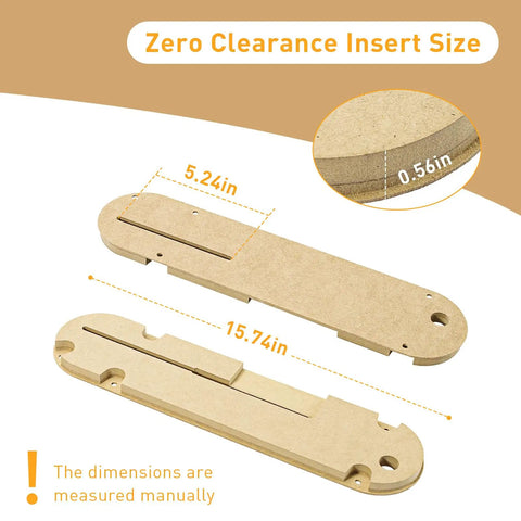 Zero Clearance Table Saw Insert Set shown with dimensions 15.74 by 5.24 inches, thickness 0.56 inch for Delta 36 725 table saws.