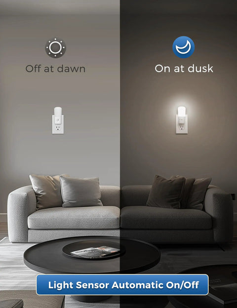 Dimmable Plug In Night Light With Dusk To Dawn Sensor, 5000K Daylight, Stepless 0 To 80 Lumens Brightness in living room.