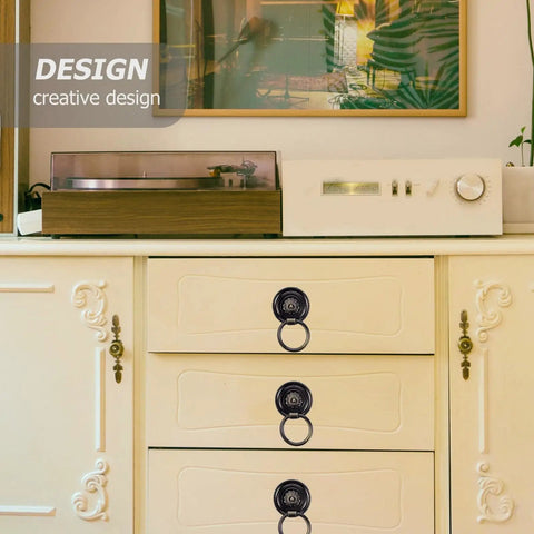 Vintage wardrobe with brass single hole drawer pull handle for cabinets and doors, retro rustic furniture hardware shown installed.