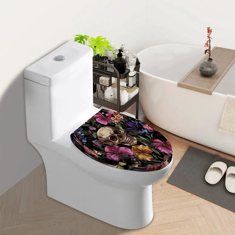 Elongated Resin Toilet Seat for Bathroom with floral skull design on a white toilet in a modern bathroom setting.